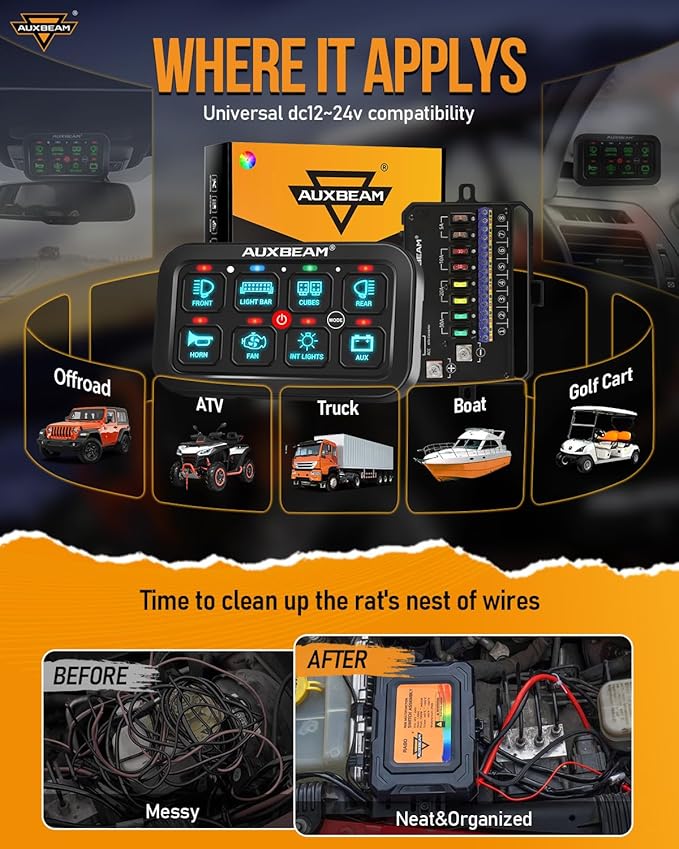Auxbeam 8 Gang Switch Panel RA80 Auto-Dimmable RGB Switch Panel w/Momentary Toggle Pulsed, 12V-24V Automotive Aluminum Switch Panel for Truck Offroad Car Boat Waterproof, 2 Years Warranty