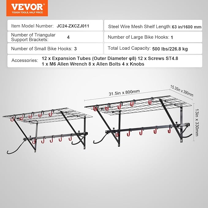 VEVOR Bike Storage Rack, 4 Bike Racks, Wall Mount Bike Storage Hanger with 2 Shelves, Home and Garage Organizer, Customizable for Various Bike Sizes, Adjustable Holder, Holds Up to 500 lbs, 63-inch
