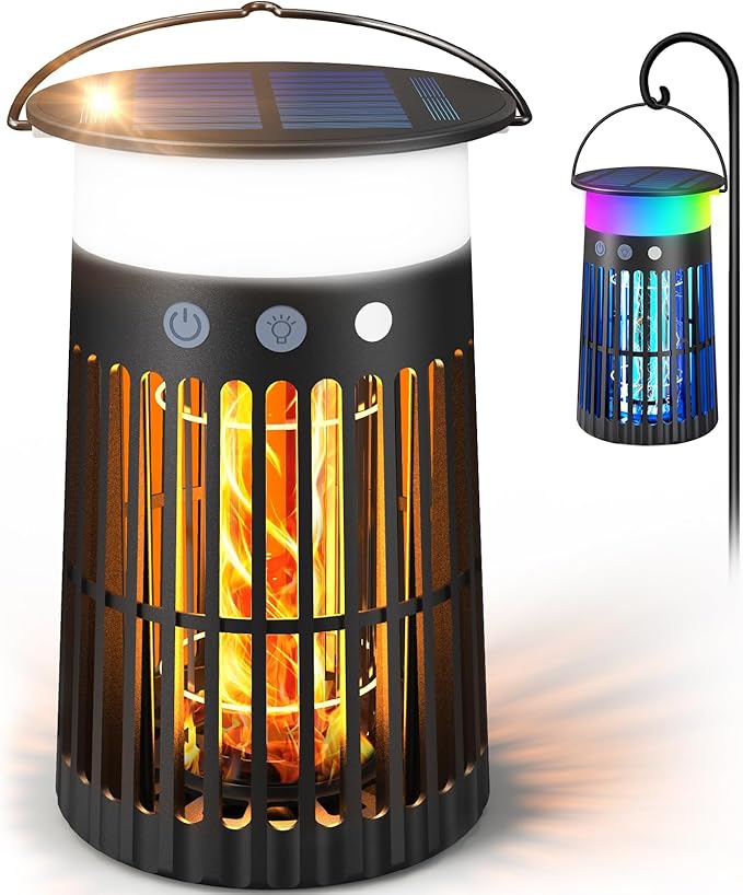 Solar Bug Zapper Outdoor, Portable Electric Mosquito Killer with Panel Sensor, Rechargeable Insect Trap with LED Night Light and Flame Effect, Ideal for Outside Patio, Backyard, and Camping (1 Pack)