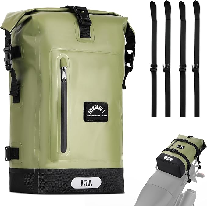 Motorcycle Saddle Bag, 15L Waterproof Motorcycle Tail Bag, 2 Size and 3 Color Options Travel Bag, PVC Bag, Rear Seat Bag, Backpack Field Green GT-15GN