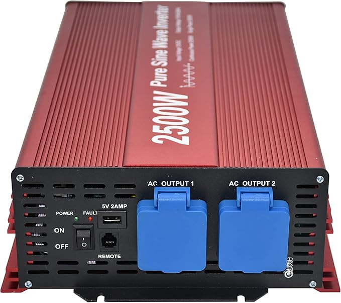2500W Pure Sine Wave Inverter 12V to 120V AC with 2 AC outlets, DC5V 2 Amp USB Output, LCD Display Wire Remote kit and Heavy Duty Battery Cables.