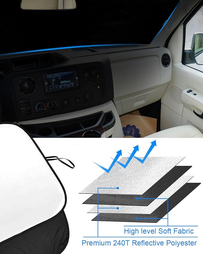 Front Windshield Sunshade fit for Ford Econoline E-Series Van 1992-2025 & Motorhome E-150 E-250 E-350 E-450 UV Ray Reflector Foldable Automotive Windshield Sunshades |Keeps Your Vehicle Cool|
