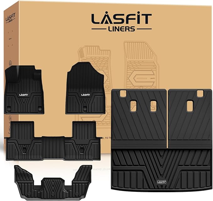 LASFIT Floor Mats & Trunk Mat with Backrest Mat for Honda Pilot 2023-2025, All Weather TPE Floor Liners 1st & 2nd & 3rd Row & Cargo Mat with Backrest Mat Full Set, Black