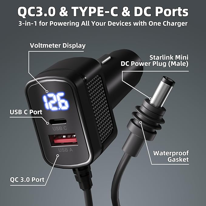 Starlink Mini Power Cable DC Cigarette Lighter Power Cable 10 Feet with Type-C Port, QC 3.0 Port & Voltmeter Display, 3-in-1 Starlink Mini DC Cable Fast Charging for Car Truck RV Ship