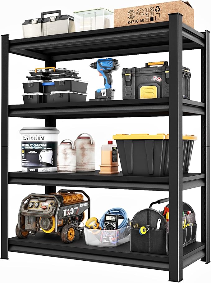 Garage Storage Shelves Heavy Duty, 48”W Garage Shelving and Storage Rack, 2200LBS Loads Shelving Units, Adjustable 4-Tier Metal Shelves for Garage, Warehouses, 48”W×16”D×63”H,Black