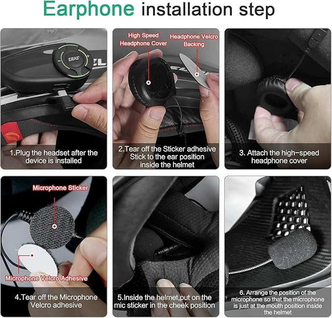 EJEAS Q8 2PC Motorcycle Bluetooth Headset, Upgraded Mesh 3.0 Intercom System with Music Sharing and IP67 Waterproof for 6 Riders Group Talking
