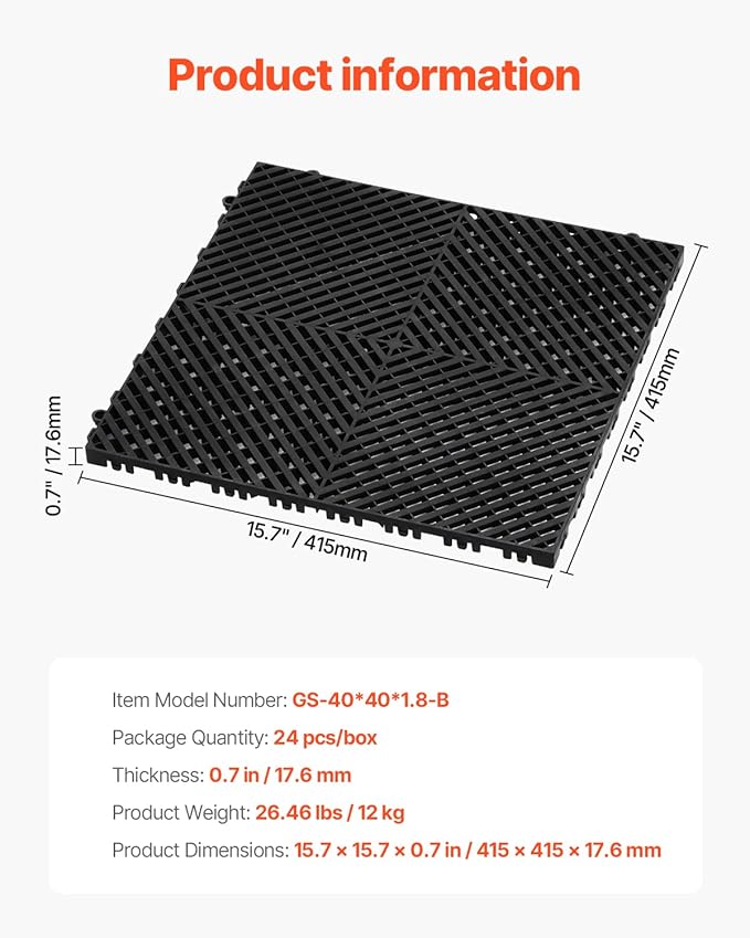 VEVOR Interlocking Drainage Mat, 15.7” x 15.7” Modular Interlocking Cushion, 24 Pcs Splicing Drainage Mats, Non-Slip Black PP Drainage Floor Tile and Shower Mat, for Garage, Garden, Kitchen & Outdoor
