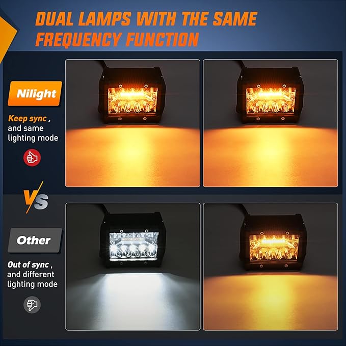 Nilight 2PCS 4Inch 60W LED Pods Spot Flood Amber White Light Bar Strobe 6 Modes Memory Function Off-Road Truck Car ATV SUV Cabin Boat with 16AWG Wiring Harness Kit-2 Lead, 2 Years Warranty