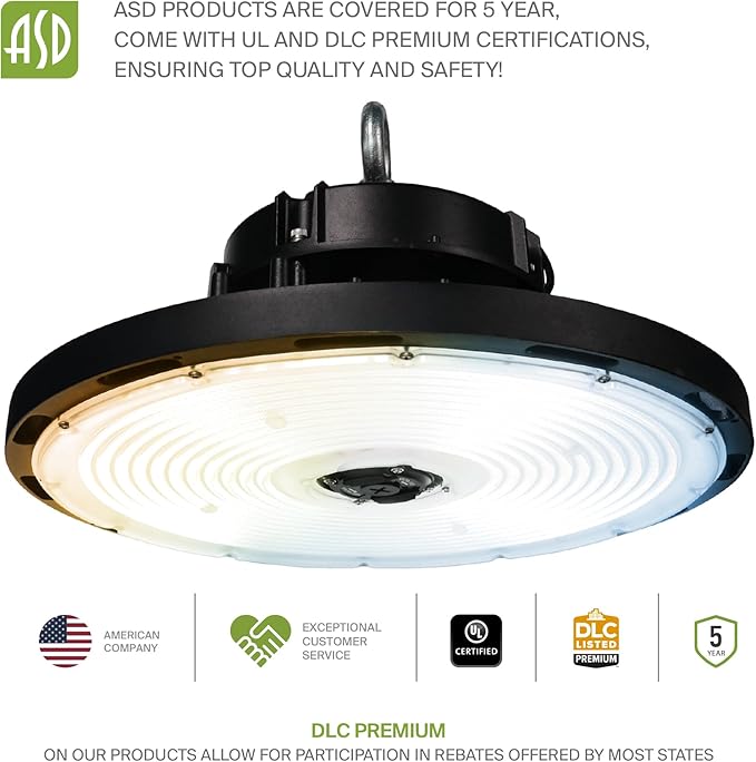 ASD LED High Bay UFO Light Fixture, Commercial Shop Lighting | 3CCT, Dimmable, IP69K Waterproof, DLC Premium, UL Listed | 500W 69700LM 3000-5000K 100-277V | Warehouse, Garage, Workshop Lamp | Black