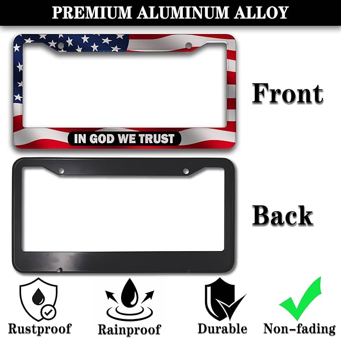 License Plate Frames Multicolor License Plate Holder American Flag in God We Trust Universal Aluminum Car Accessory 2 Pack with Screw Covers Set