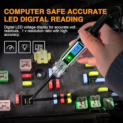Heavy Duty 3-72V Backlit Digital LCD Circuit Tester, Automotive Test Light with 140 Inch Extended Wire and 2 Polarity Indicate LED Lights, Car Truck Low DC Voltage & Light Tester with Stainless Probe