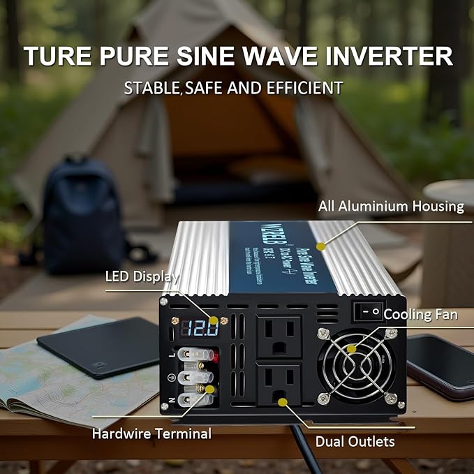 WZRELB 4000W Pure Sine Wave Inverter, Car Power Inverter 12V DC to 110V 120V AC Converter for RV, Truck, Solar, Outdoor with Dual AC Outlets, Hardwire Port, Surge 8000W, LED Display,Off-Grid
