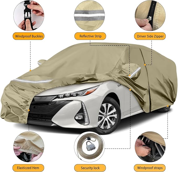 Waterproof Car Covers Replace for 2004-2025 Toyota Prius, Multilayer Heavy Duty with Cotton Liner All Weather Custom-fit Car Cover with Zipper Door, Windproof Bands for Snow Rain Dust Protection
