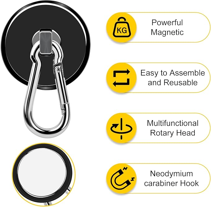 DIYMAG Black Magnetic Hooks, 150LBS Strong Heavy Duty Neodymium Magnet Hooks with Swivel Carabiner Hook, Great for Your Refrigerator and Other Magnetic Surfaces-36mm Diameter
