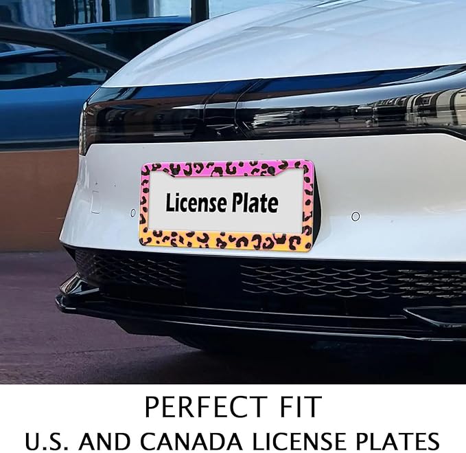 Gradient Color Leopard Print License Plate Frame Cheetah Print Tags Frames Holder Covers Metal Aluminum Rustproof Cute Car Accessories for Us Canada Standard Women Men 2 Holes with Screw Caps