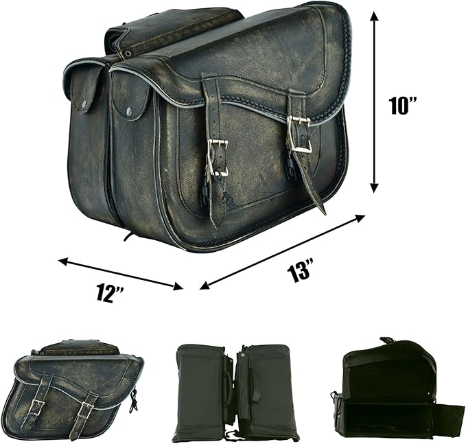 GARGOYLE BELLS Motorcycle Saddle Bags Genuine Leather Motorcycle Luggage Bag For Softails Sportsters and Choppers (No Stud, Distressed Brown, 13”x13“x10”)