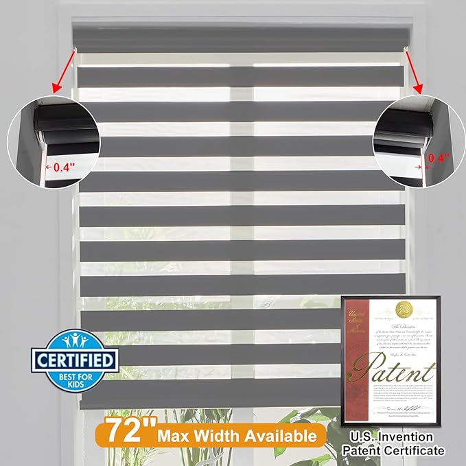 Persilux Cordless Zebra Blinds for Windows (36" W X 72" H, Black) Free-Stop Windows Shades Dual Layer Light Control for Day and Night, Light Filtering Sheer Shades for Home, Easy to Install