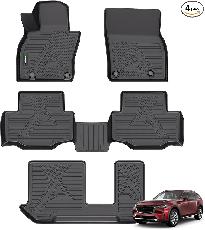 ANBINGO® Floor Mats for 2024 2025 Mazda CX-90 & CX90 PHEV (Plug in Hybrid) 8 Passenger | 2nd Row Bench Seat | All Weather TPE Car Mats Waterproof Non-Slip, 3-Rows, 4-PCS, Black