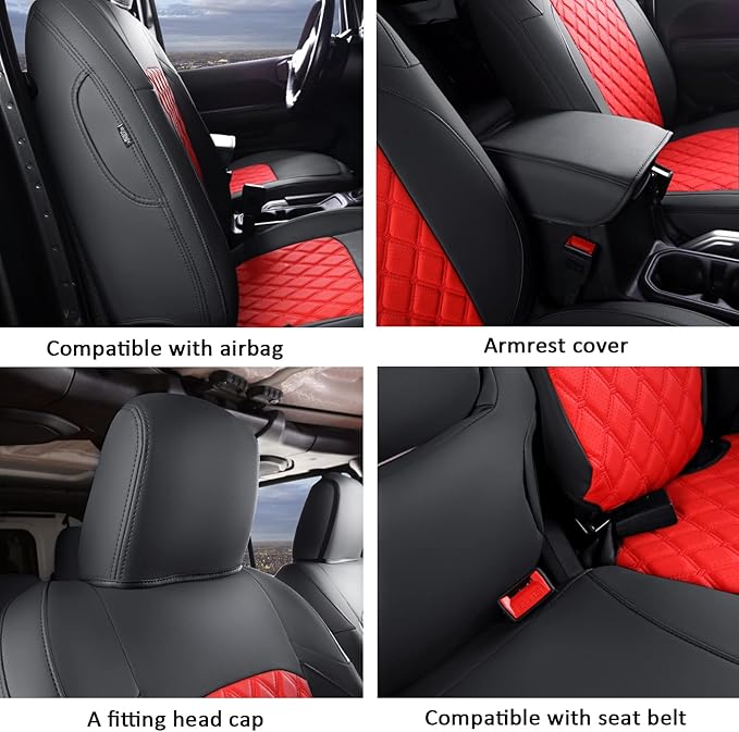 GIANT PANDA Fit Full Set Car Seat Covers for Jeep Wrangler 4 Door JL Sahara Altitude Rubicon 392 Unlimited 2018 2019 2020 2021 2022 2023 2024 2025 with Rear Cup Holder,Faux Leather - (Black+Red)