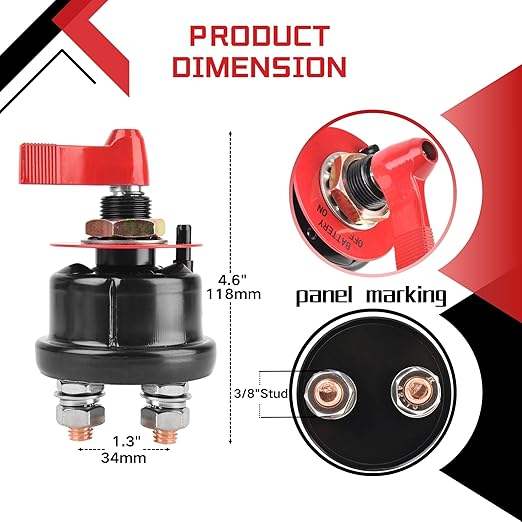 12V Battery Disconnect Switch with Panel, High Current Battery Cut Off Switch, Heavy Duty Kill Switch for Cars, Trucks, Boats, RVs, Forklifts and Heavy Equipment