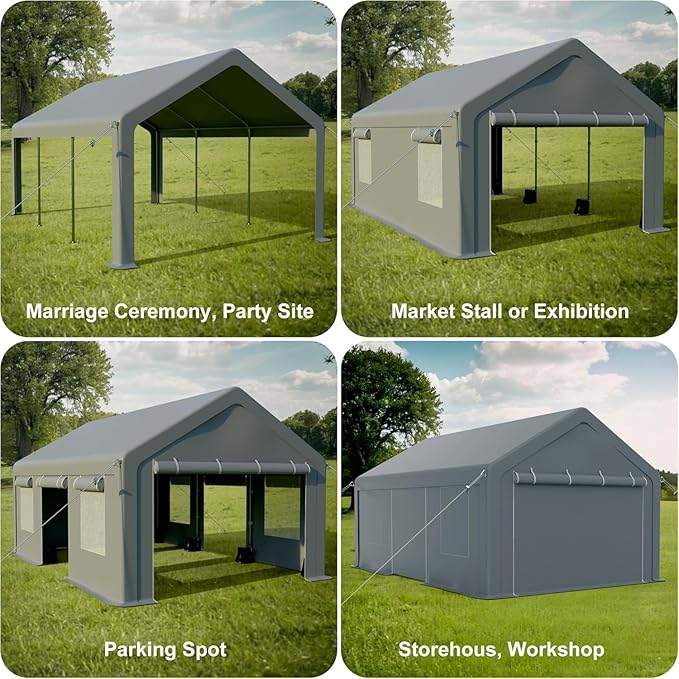 12x20ft Carport Heavy Duty, Portable Garage with 4 Doors + 4 Window, Upgraded Carport with Reinforced Steel Poles, Uv Resistant Waterproof Tarp for Car, Truck, Boat