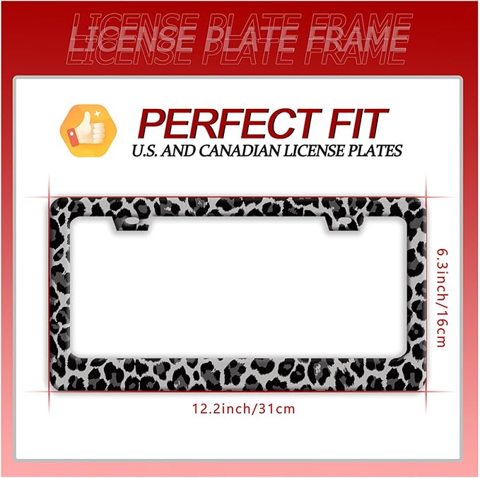 Black Gray Leopard Print License Plate Frame Beautiful Cheetah Print License Plate Holder Funny Stainless Steel Accessories Cars Decor with 2 Holes and Screws Fits Standard Us Ca Vehicles 12.2 X 6 in