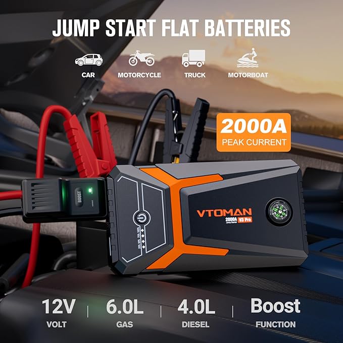VTOMAN V3 Pro 2000A Jump Starter, Car Battery Jumper Starter Portable for 6L Gas/4L Diesel Engines, Lithium Jump Box, 12V Auto Car Battery Charger Jump Starter Boost Pack and Jumper Cables, LED Lights