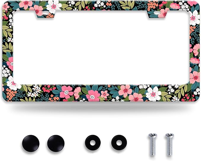 Folk Art Flowers License Plate Frame Beautiful Floral License Plate Holder Funny Personalise Car Stainless Stee Decorative Parts for Standard Us Canada Vehicles 12x6 Inch for Women Men