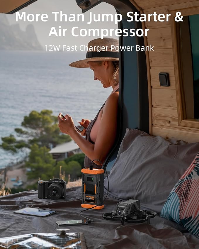 ASPERX Jump Starter with Air Compressor,【Upgrade & Safety Certs】10L Gas/8L Diesel(Almost All Cars) 12V Jumper Box Car Battery Jumper Starter Portable with Tire Inflator, Jumper Cables, Display & Light