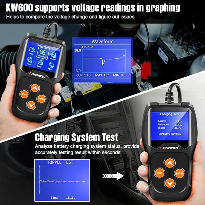 KONNWEI KW600 Car Battery Tester 12V Professional 100-2000 CCA Automotive Battery Load Analyzer and Alternator Tester Waveform Voltage Test for Car/Boat/Motorcycle…