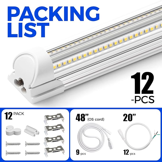 Barrina 8FT LED Shop Light, 100W 15000LM 5000K, Clear Cover Linkable Led Tube Lights, V Shape Integrated T8 LED Lighting, LED Ceiling Lights for Garage, Warehouse, Workshop, ETL Listed, 12 Pack