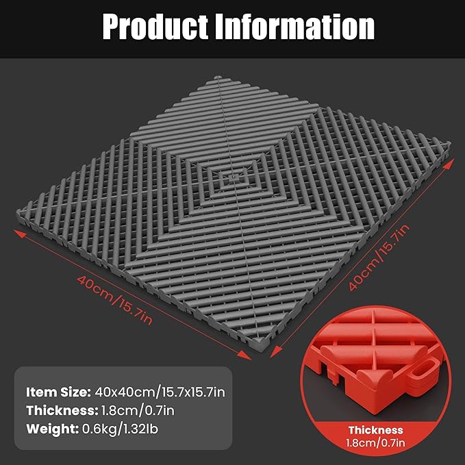 50PCS|15.7"x15.7" Garage Flooring Tiles, Non-Slip Interlocking Plastic Garage Floor Mat, Garage Organization & Garage Storage, Vented Pattern(Grey)