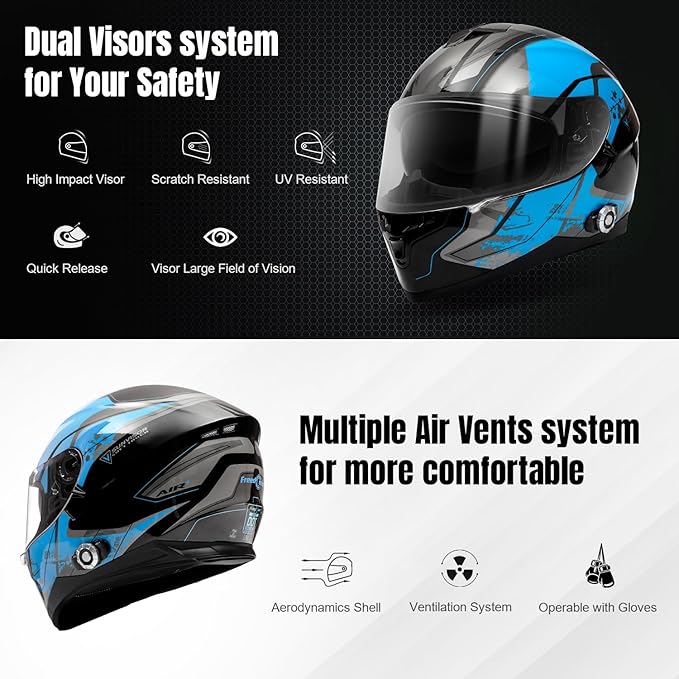 FreedConn BM12 Bluetooth Full Face Motorcycle Helmet with Intercom System Dual Visor Bluetooth 5.0 Motorbike Helmet 2~3 Riders Pair/ 500M/ FM ( Blue & Black, X-Large)