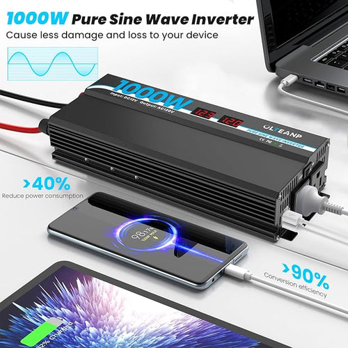 1000W Pure Sine Wave Power Inverter with 2 AC Outlets, 2 USB Ports, LCD Display, 12V to 110V Car & Home Inverter for Vehicles, Laptop