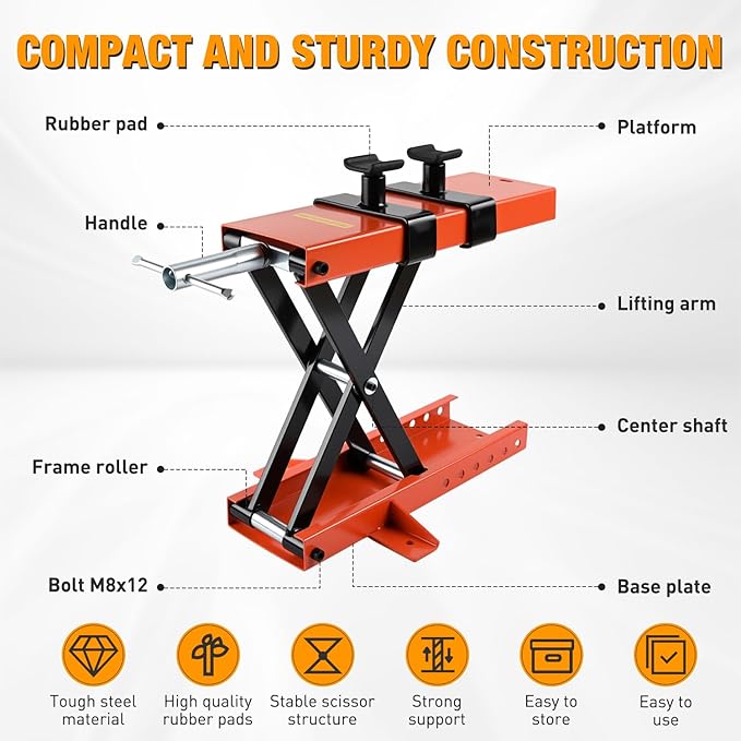 Nilight Motorcycle Lift 1100 LBS ATV Scissor Jacks with Saddle Safety Pin Crank Handle 3.7"-15.7" Hoist Stand Heavy Duty Steel Lifter Jack for Motorcycles Dirt Bike Garage Storage Repair Tool, Orange