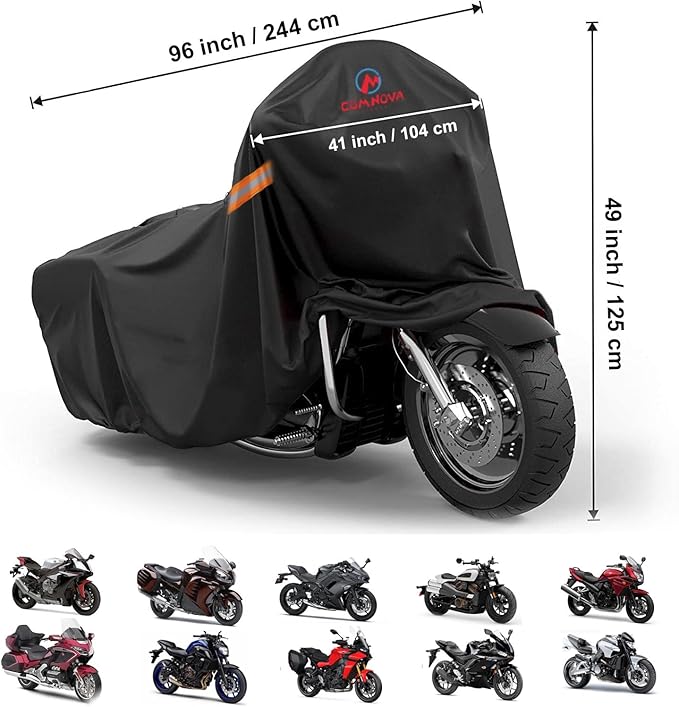 Motorcycle Cover All Season, Universal Waterproof Weather Sun Outdoor Protection Motorbike Cover, Scooter Shelter, Heavy-Duty Motorcycles Vehicle Cover, Fits Up to 96" Motors