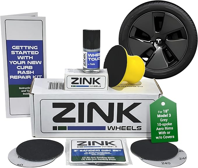 Premium Tesla Wheel Curb Rash Repair Kit for Model 3 18-inch Grey Aero Pinwheel Rims - DIY Kit with Color-matched Touch Up Paint - Made in USA