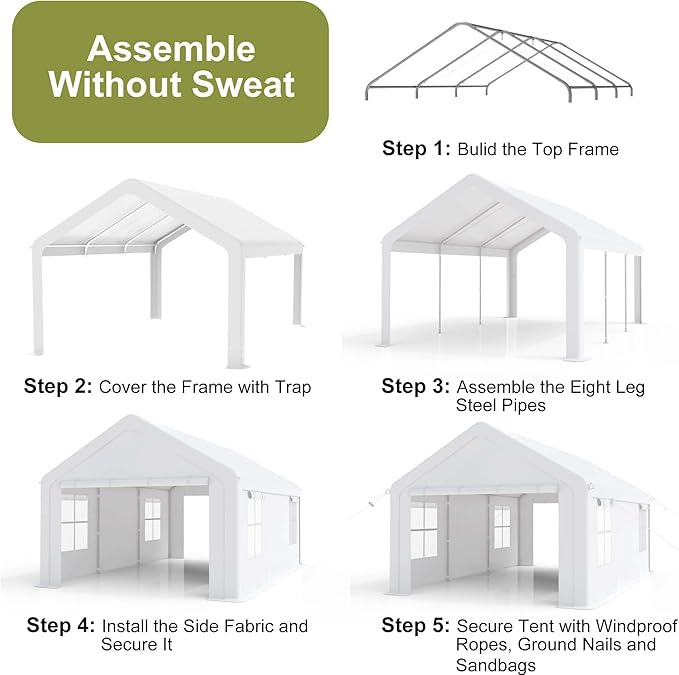 10x20ft Carport Heavy Duty, Portable Garage with 4 Doors + 4 Window, Upgraded Carport with Reinforced Steel Poles, Uv Resistant Waterproof Tarp, Portable Carport for Car, Truck, Boat