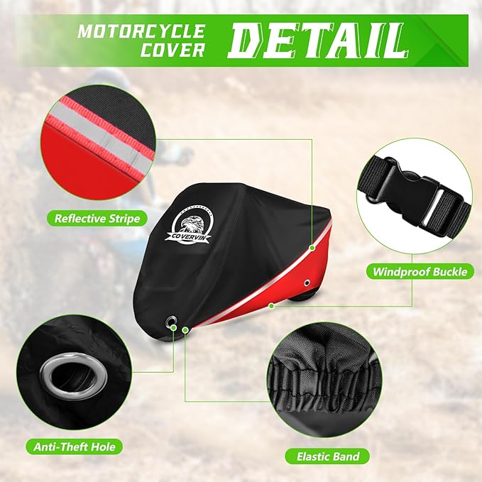 COVERVIN Motorcycle Cover, All Weather Outdoor Waterproof Night Protection with Reflective Strips, Locking Holes and Storage Bag for 91 Inch Suzuki, Kawasaki, Honda, Harley-Davidson(Red L)