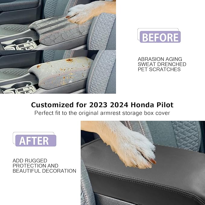 LUWU Center Console Cover Compatible with 2023 2024 2025 Honda Pilot & 2024 2025 Ridgeline & 2024 2025 2026 Honda Passport Accessories Armrest Console Cover Interior Accessories Leather (Thin Black)