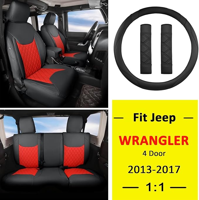 GIANT PANDA Customized Full Set Car Seat Covers for Jeep Wrangler 4 Door JK Sahara Sport Rubicon Unlimited Willys Wheeler Altitude 2013 2014 2015 2016 2017, Faux Leather - (Black+Red)