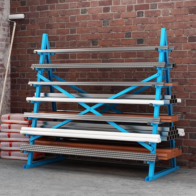 Yeeoy Steel Horizontal Storage Rack, 7 Tier Detachable Lumber Storage Rack, Heavy Duty Adjustable Pipe Rack Lumber Organizer Shelf for Garage Workshop Shed Basement, Blue