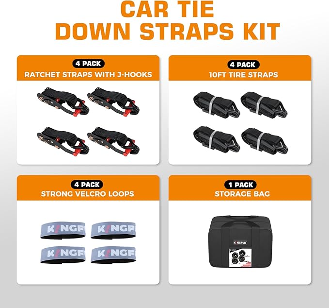 Kingfun Heavy Duty Car Tie Down Straps for Trailers 4 Pack - 2" x 120" Tire Straps with 10,000 lbs Break Strength, Secure Wheel Strap for Car Hauler, Truck, SUV, and Utility Trailers
