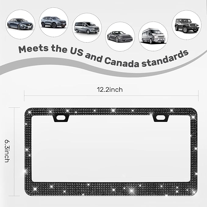 2 Pack License Plate Frames for Women, Sparkly Rhinestone Diamond Car Accessories with Glitter Crystal Caps (Black (2PCS))