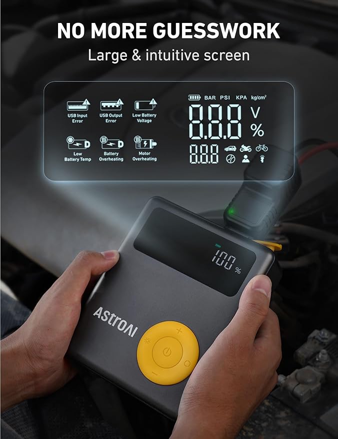 AstroAI Portable Car Jump Starter with Air Compressor, 150PSI 1750A Car Jumper Starter Battery Pack with Cordless Tire Inflator (7.5 Gas/5.0L Diesel), 12V Jump Box, Large LCD Display, Lights(Yellow)