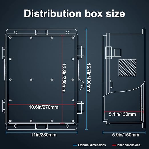 Outdoor Electrical Junction Box with High Power Outlet, 16" H* 12" L* 5.9" W, ABS Water Resistant Enclosure with Internal Mounting Panel & Hinged Cover.