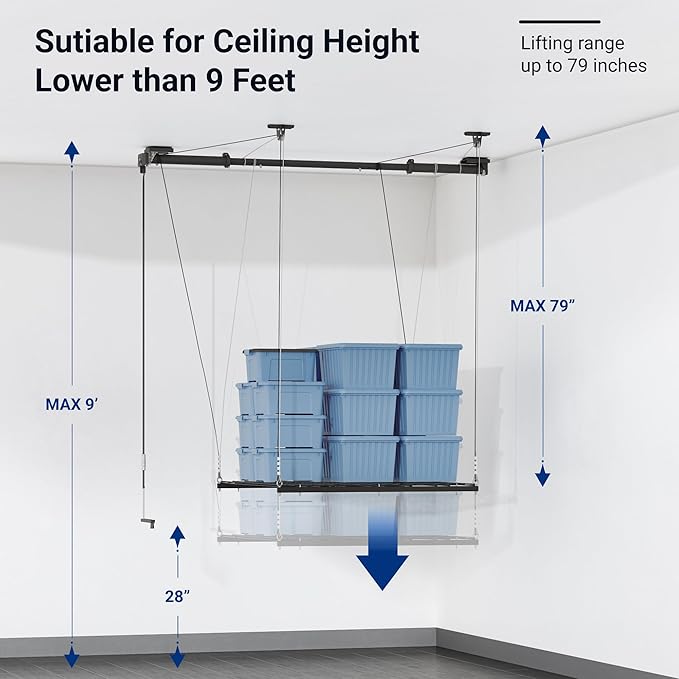 FLEXIMOUNTS Overhead Garage Storage Rack, 4x4 Ft Heavy-Duty Garage Ceiling Storage Racks, Adjustable Organization System with 71'' L Axle, 300lbs Weight Capacity, Carbon Black