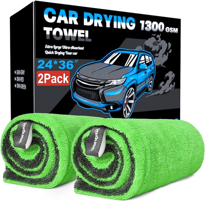 2 Pack XL Car Drying Towel – 1300GSM Ultra Absorbent Microfiber, 24"x36" Large Size, Twisted Loop, Lint-Free & Streak-Free for Auto Detailing, Car, SUV, Truck (Gray-Green)