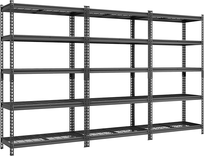 SONGMICS 5-Tier Storage Shelves Set of 3, Heavy-Duty Garage Shelving, Adjustable Shelving Unit, Steel Shelf, Boltless Assembly, for Garage, 2,250 lb Load, 18 x 108 x 72 Inches, Ink Black UGLR453B03