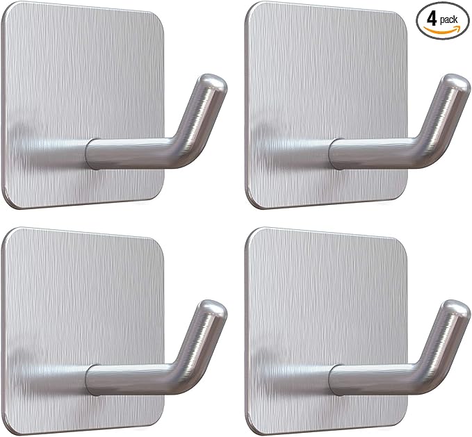 VIS'V Adhesive Hooks, Heavy Duty Shower Wall Stick on Hooks, Waterproof, 2 Extra Adhesive Strips, Silver, 4 Pcs